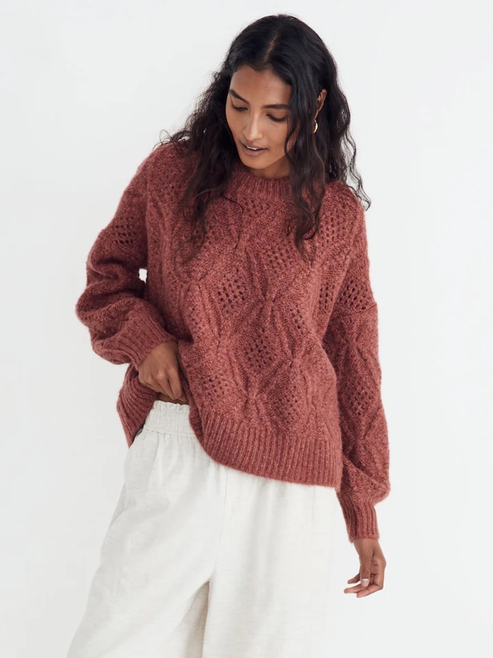 Madewell Cayden Pointelle Balloon-Sleeve Pullover Sweater in Heather Tulip